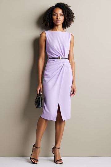 Purple Ruched Sheath Midi Work Dress with Belt